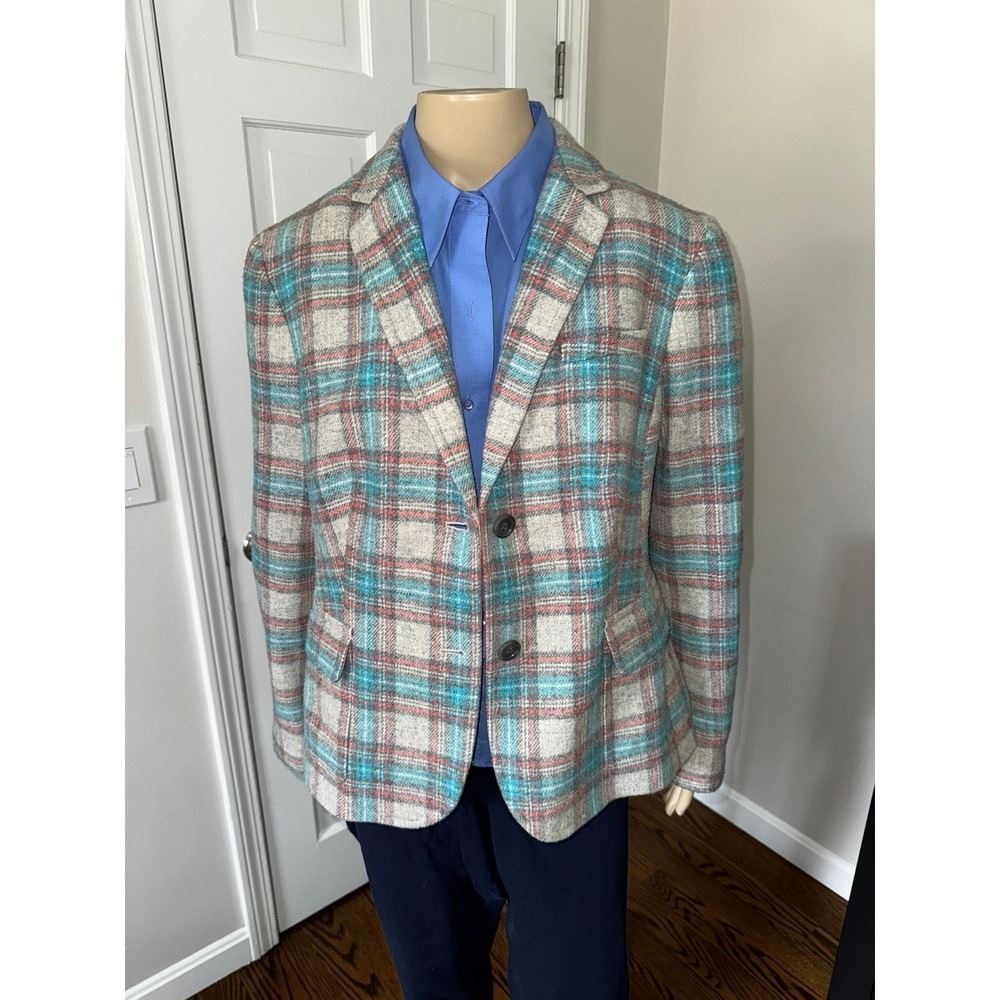 Talbots Womens Plaid Wool Blend Blazer Turquoise Coral Grey Skier Lining Jacket